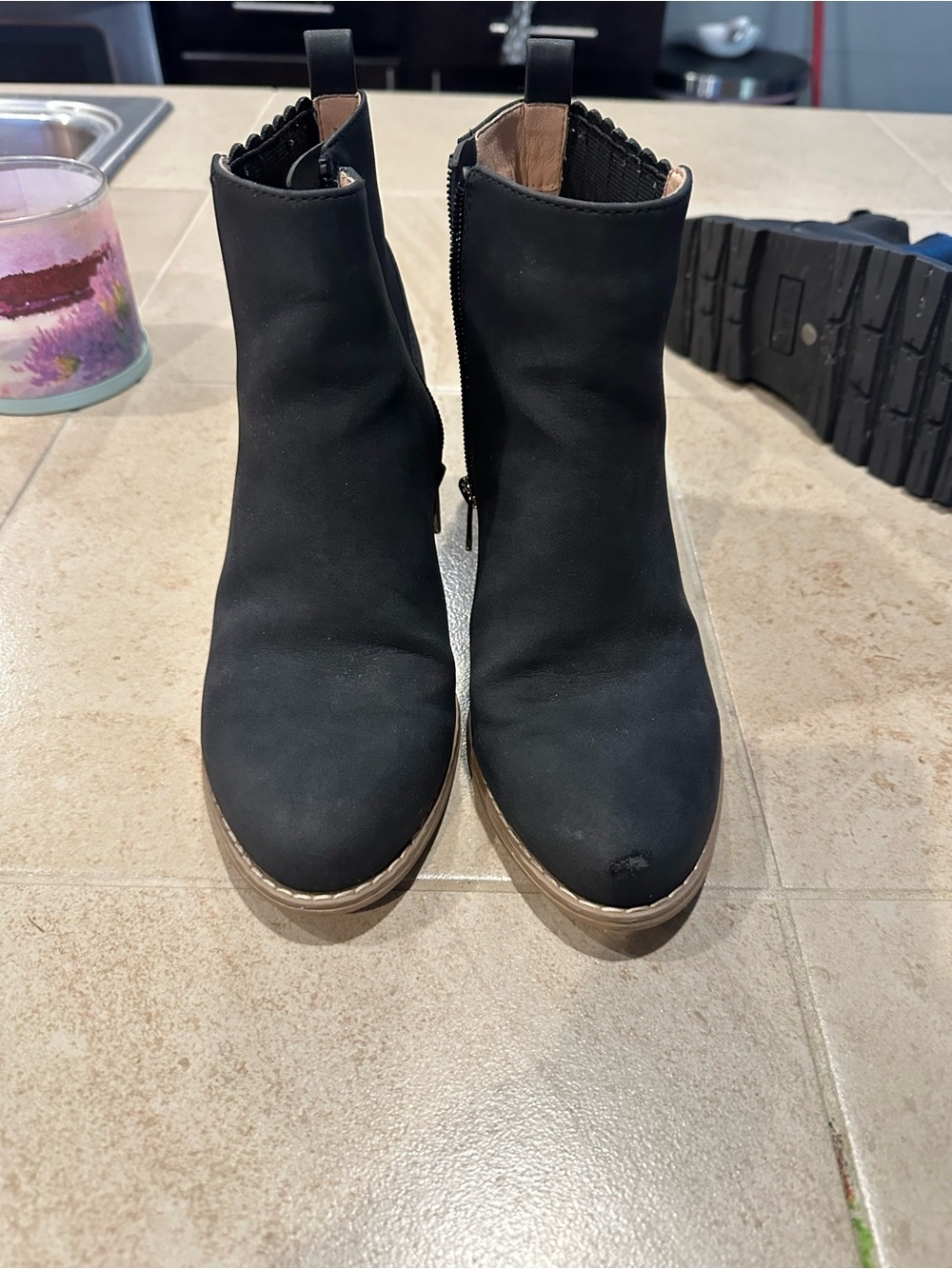 Elle Black Ankle Zip Boots with Tan Trim